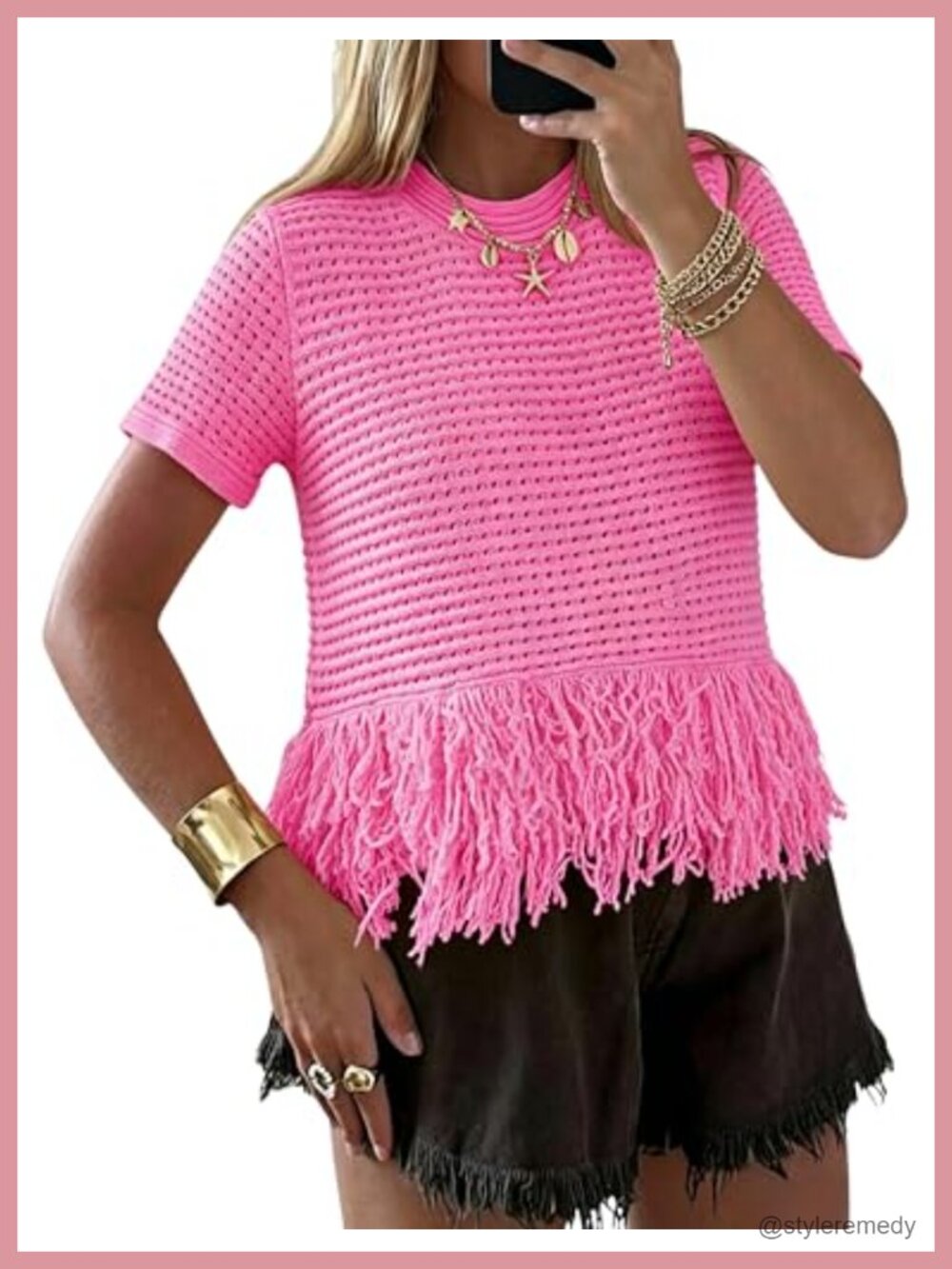 PUWEI Fringe Crochet Hollow-Out Knit Sweater Pullover Short Sleeve Boho Top